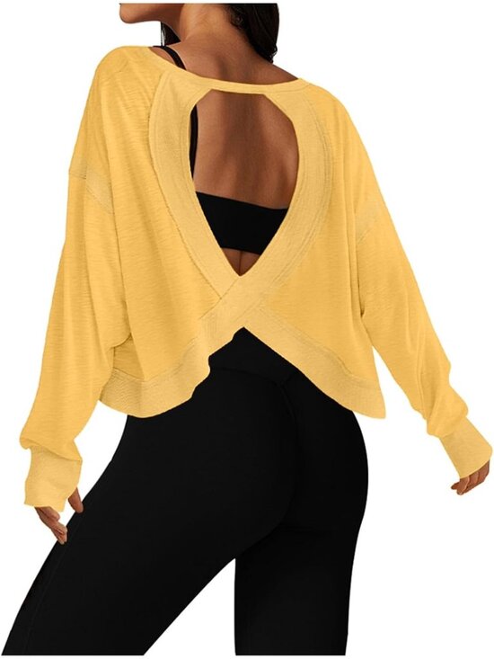 Tops - Women's Yellow Long Sleeve Cropped Top Athletic Clothes Running Workout T Shirts